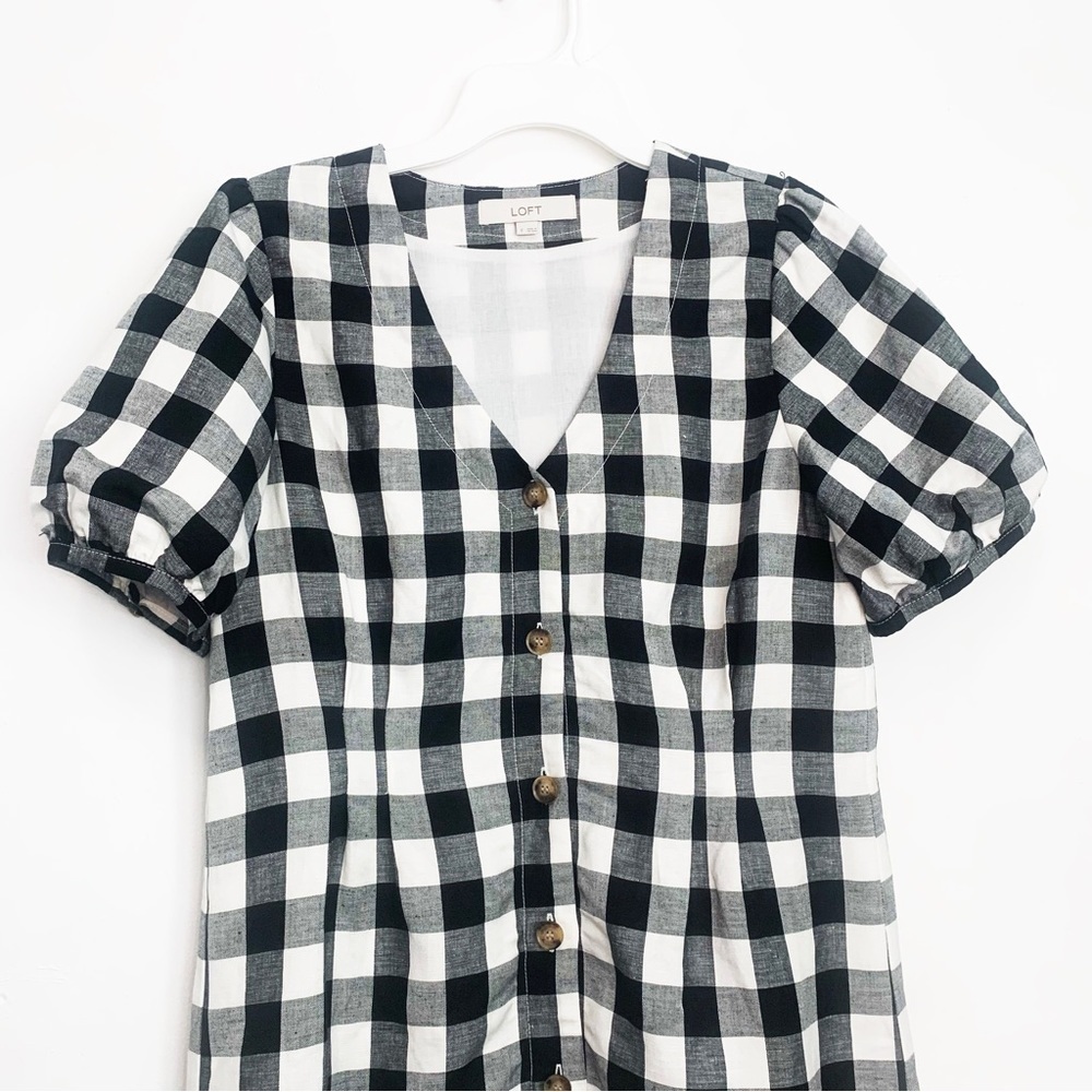 Loft Gingham Button Down V-Neck Bubble Sleeve Lin… - image 6